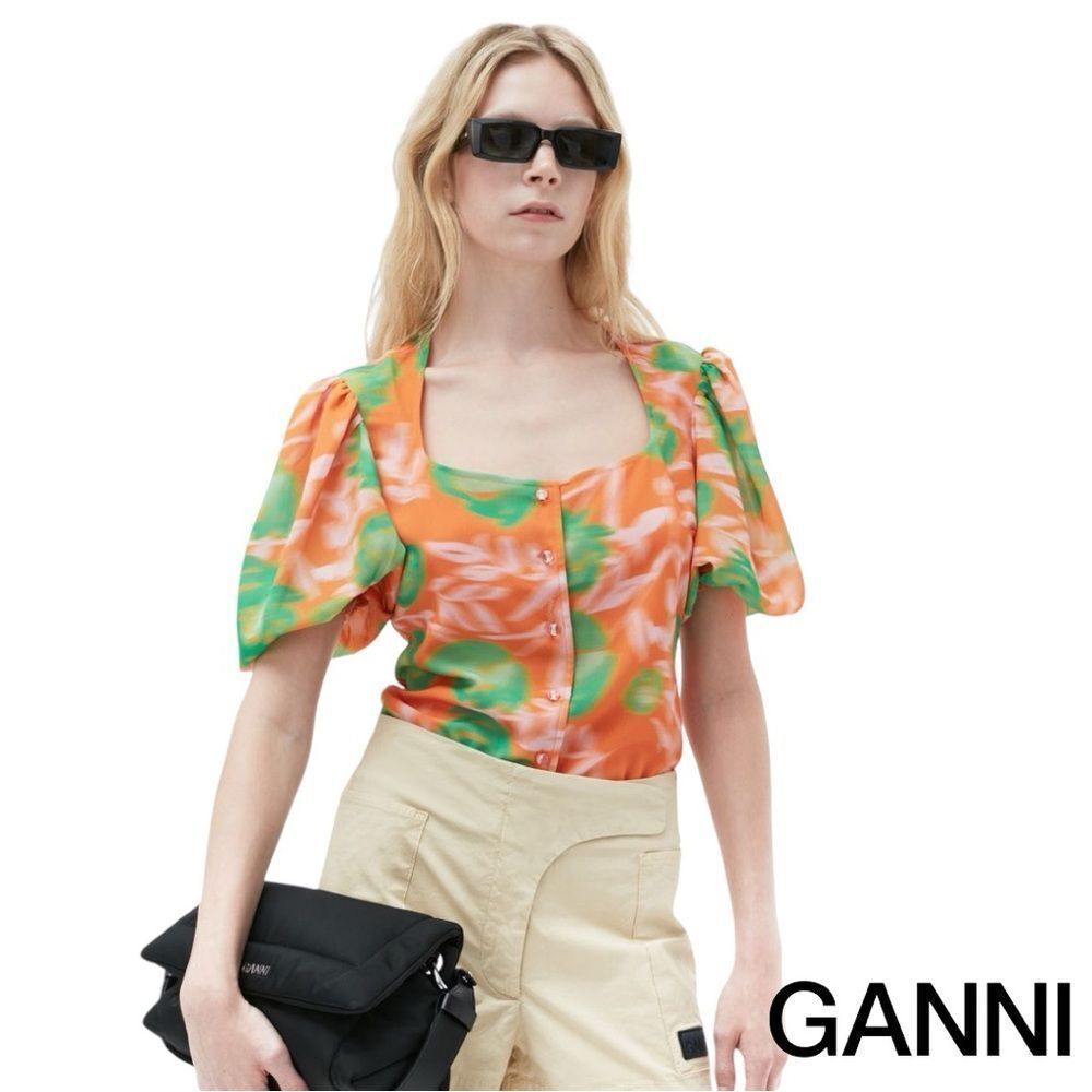 GANNI **NWT** Button-Up Puff Sleeve Crepe Blouse Vibrant Orange / Green Floral - Picture 11 of 16